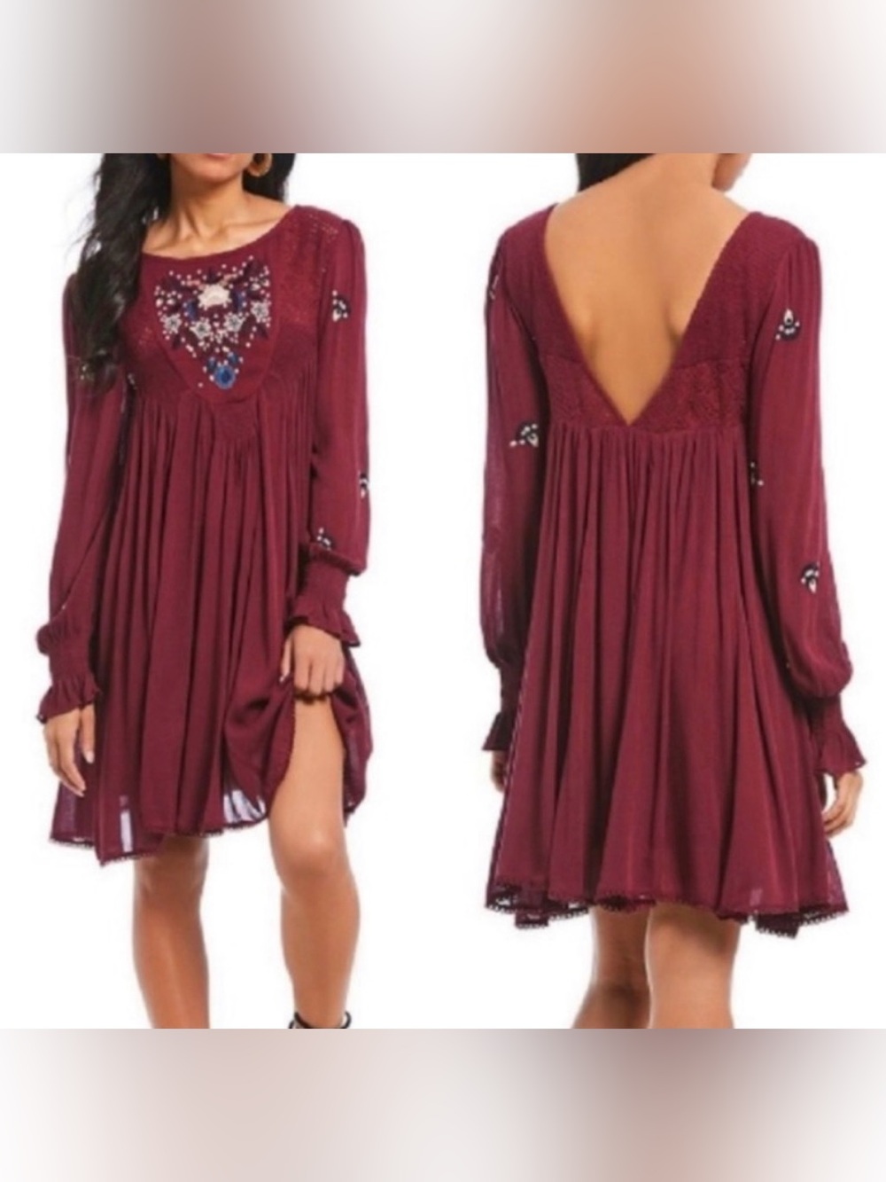Free People Wine Embroidered Boho Mini Dress